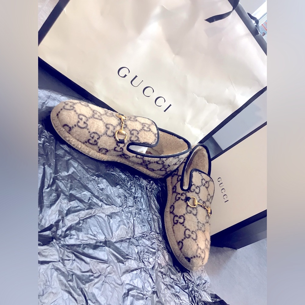 Mens Gucci Fria Horsebit GG Logo Wool Loafers Espadrilles in Cream